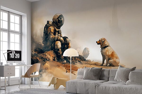An astronaut sitting on a rock looking at a dog An astronaut sitting on a rock looking at a dog