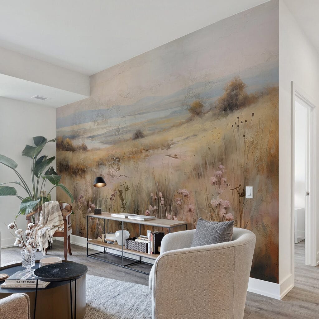 Painting of a field with flowers and a lake Painting of a field with flowers and a lake