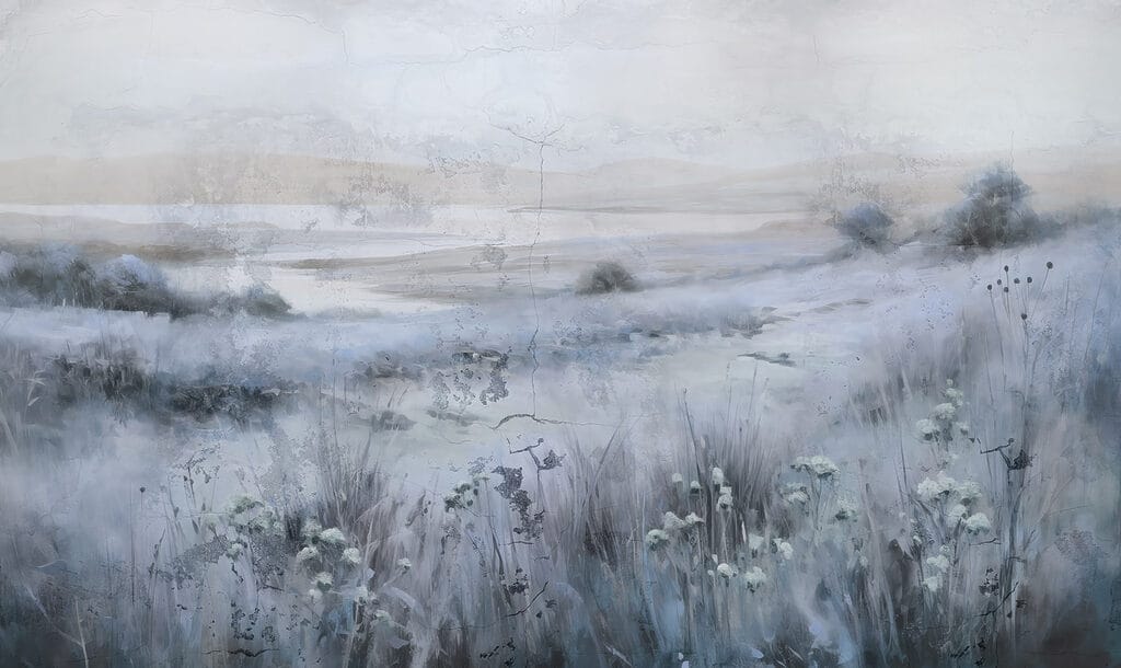 Painting of a field of grass and a river