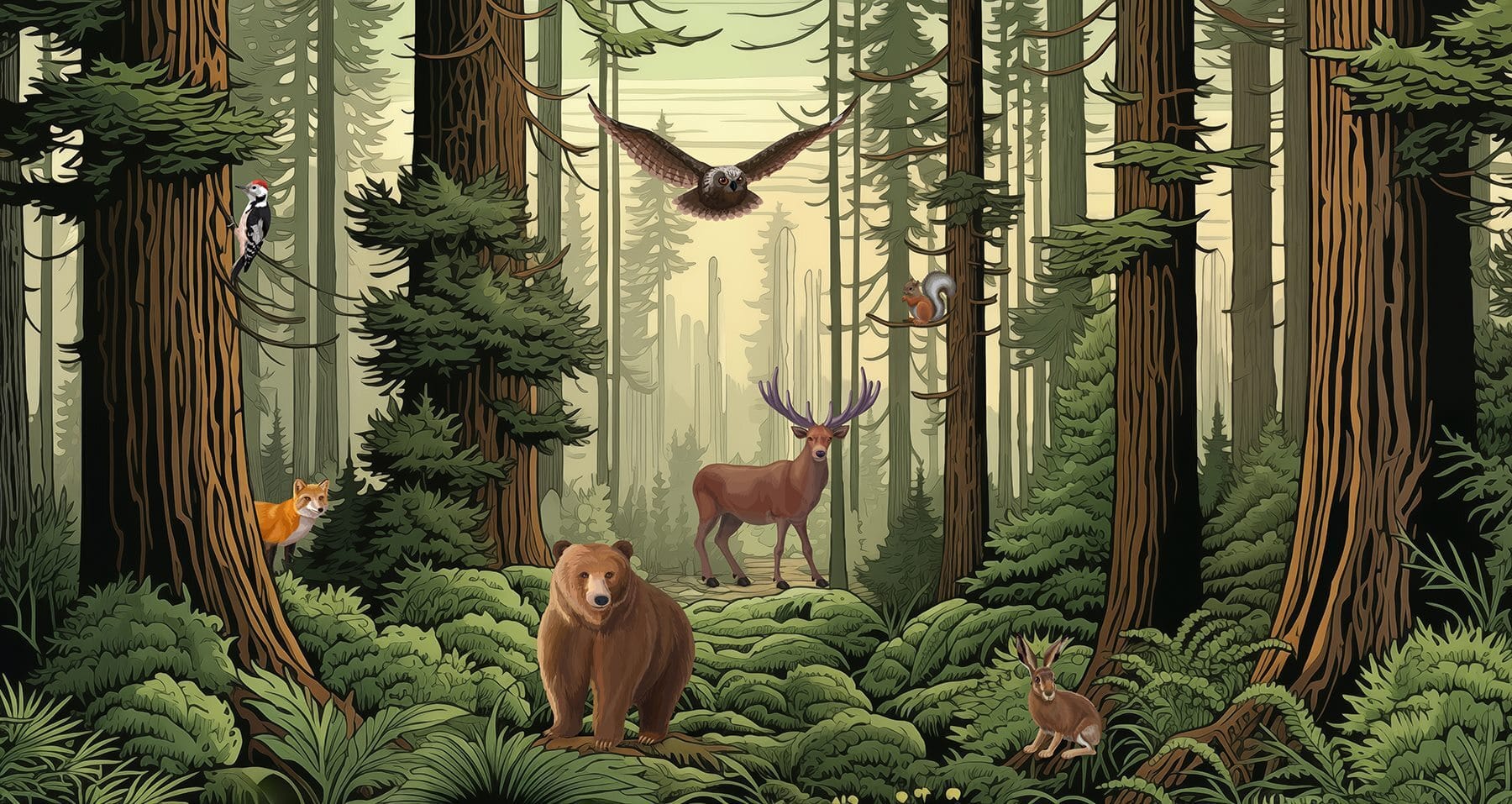 Forest with animals and birds Forest with animals and birds