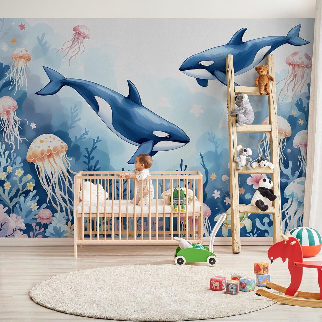 Whale and turtle swimming in the ocean