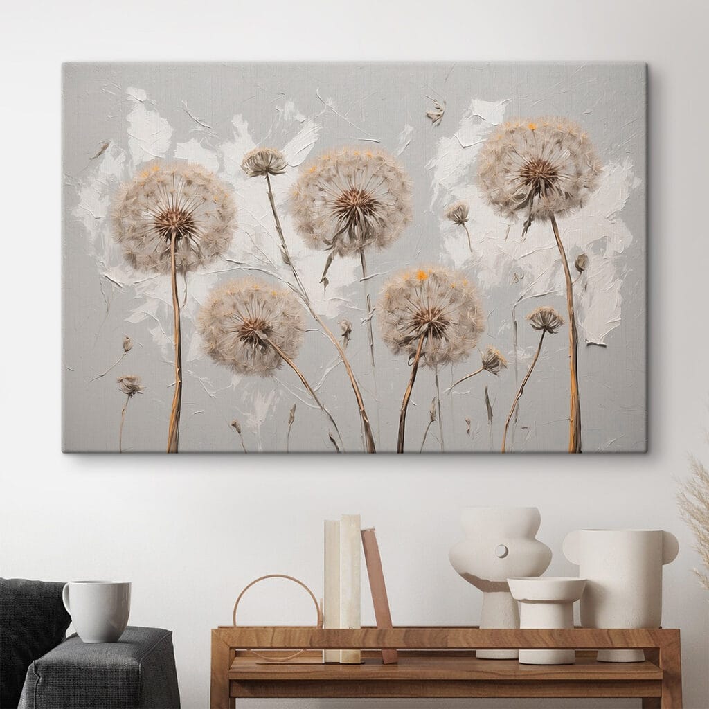 Painting of dandelions on a white background