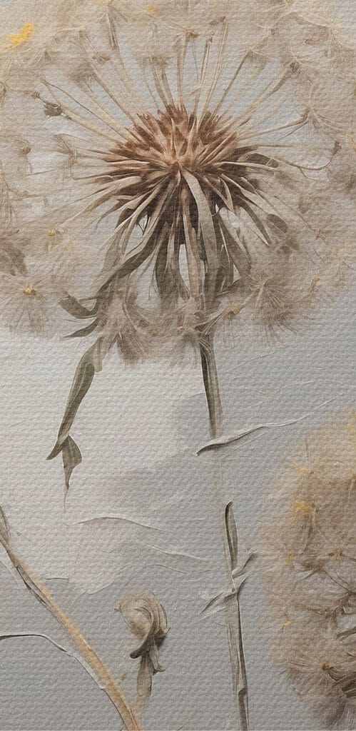 Painting of dandelions on a white background