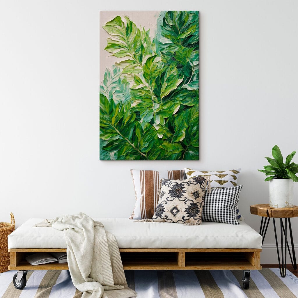 Painting of leaves on a white surface