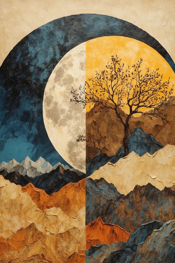 Painting of a tree and mountains