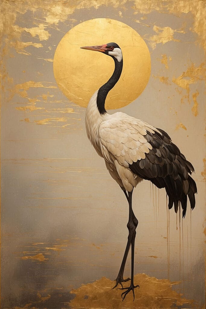 Elegant crane beneath a large sun
