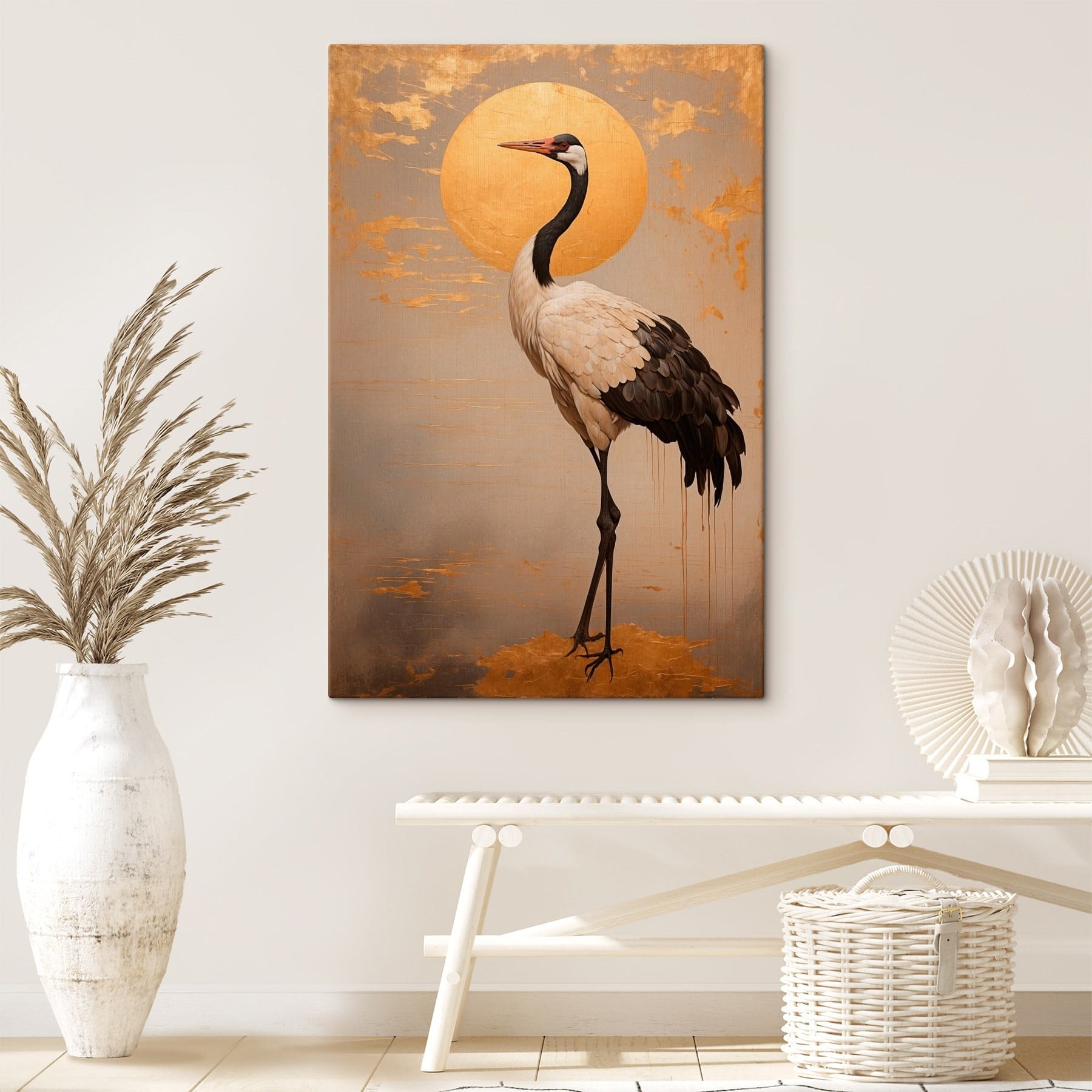 Elegant crane beneath a large sun