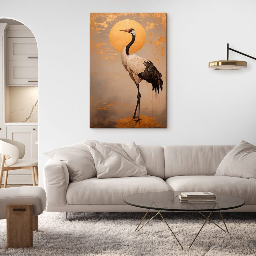 Elegant crane beneath a large sun