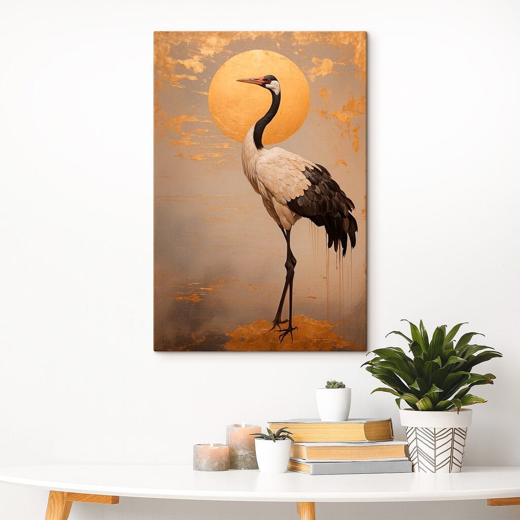 Elegant crane beneath a large sun