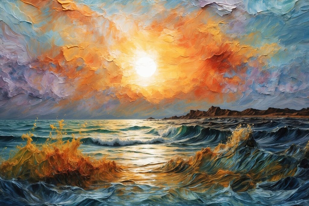 Painting of a sunset over a body of water Painting of a sunset over a body of water