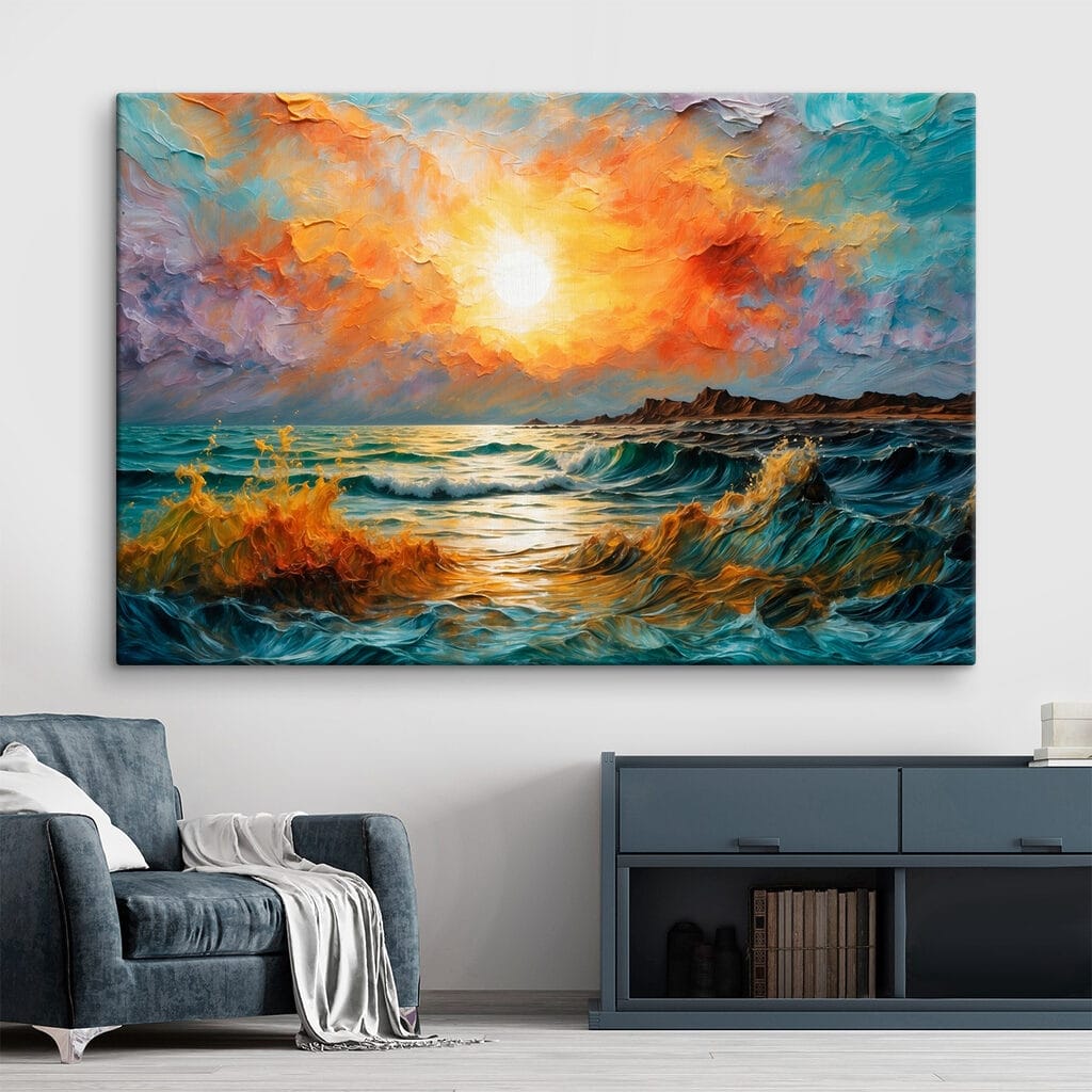 Painting of a sunset over a body of water Painting of a sunset over a body of water