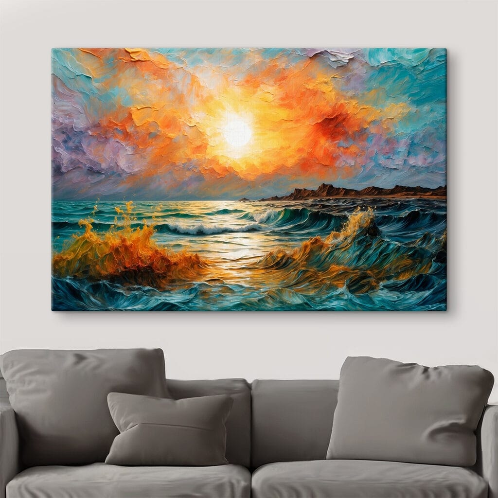 Painting of a sunset over a body of water Painting of a sunset over a body of water