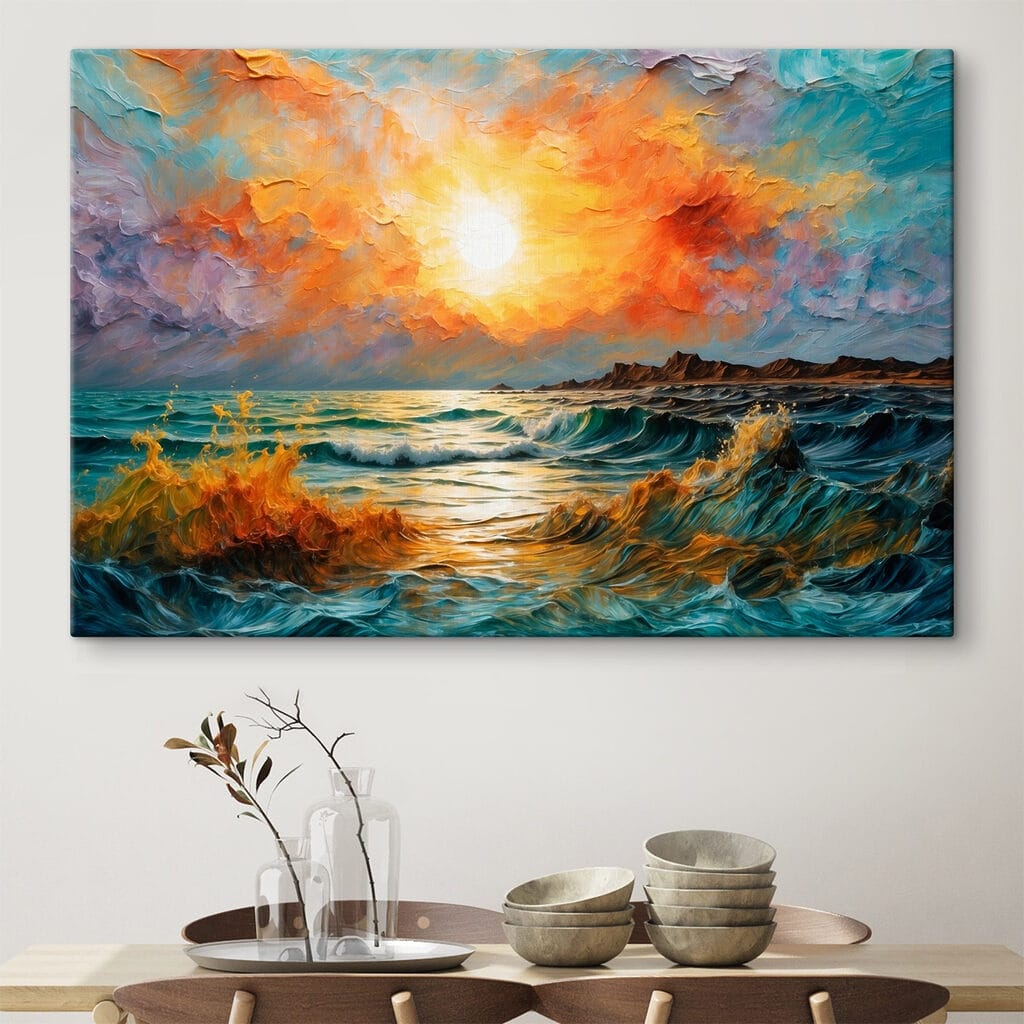 Painting of a sunset over a body of water Painting of a sunset over a body of water
