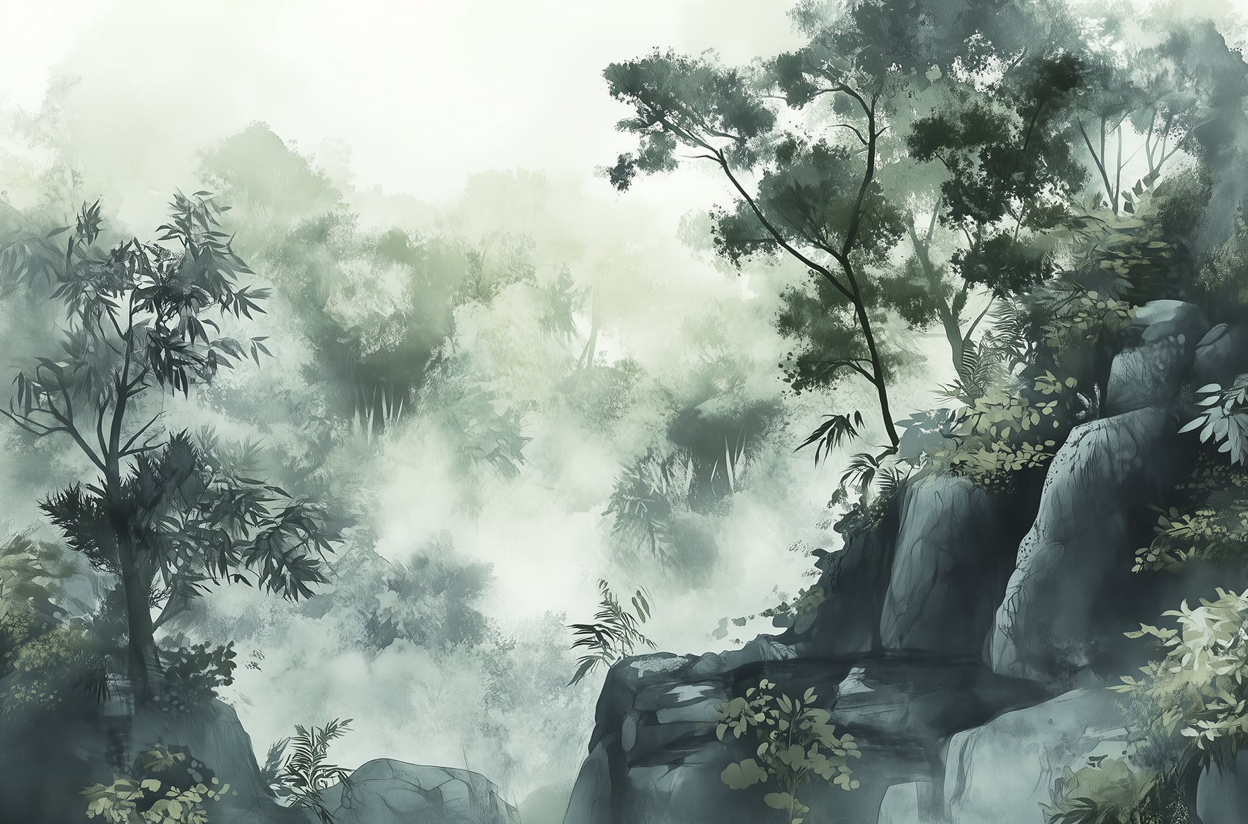 Foggy forest with trees and rocks Foggy forest with trees and rocks