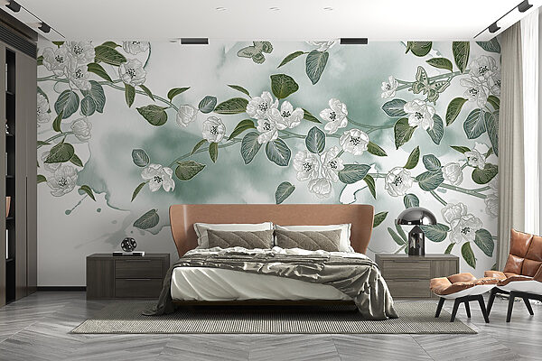 Fotótapéta Fotótapéta Fehér virágok és zöld levelek fehér háttéren (Cikkszám: w08831)