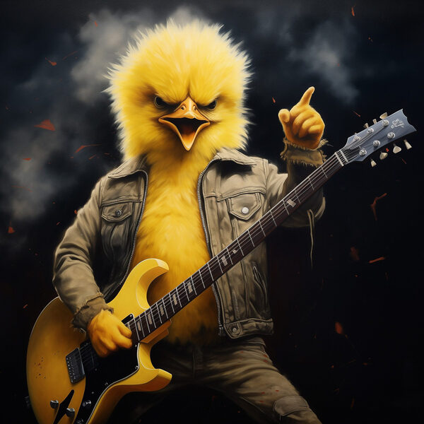 Személy egy csirke ruhát játszik egy gitár Személy egy csirke ruhát játszik egy gitár