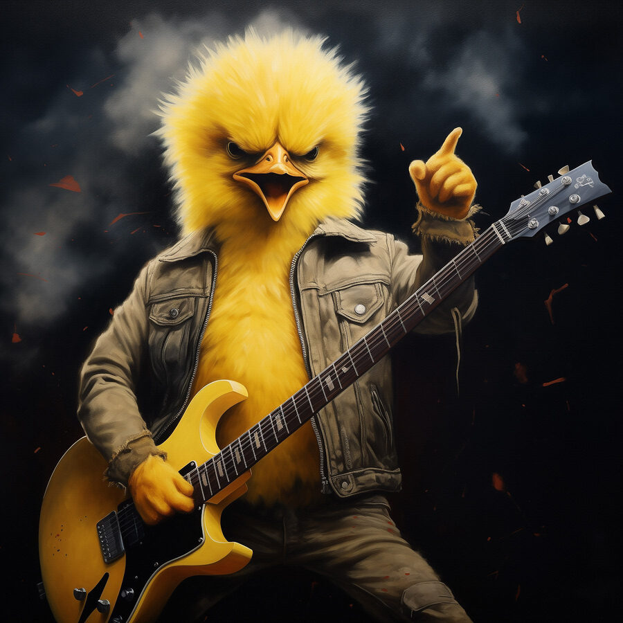 Személy egy csirke ruhát játszik egy gitár