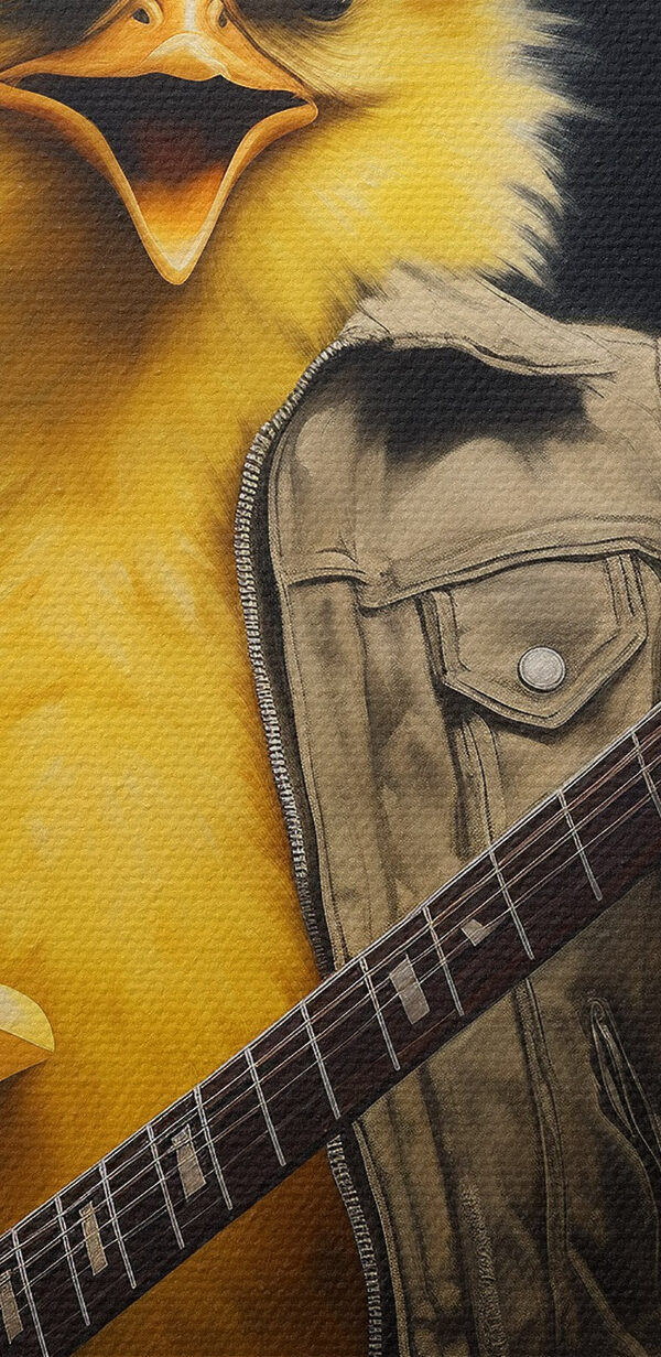 Személy egy csirke ruhát játszik egy gitár Személy egy csirke ruhát játszik egy gitár