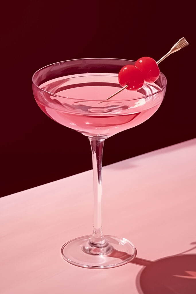Glass with pink liquid and two cherries on it