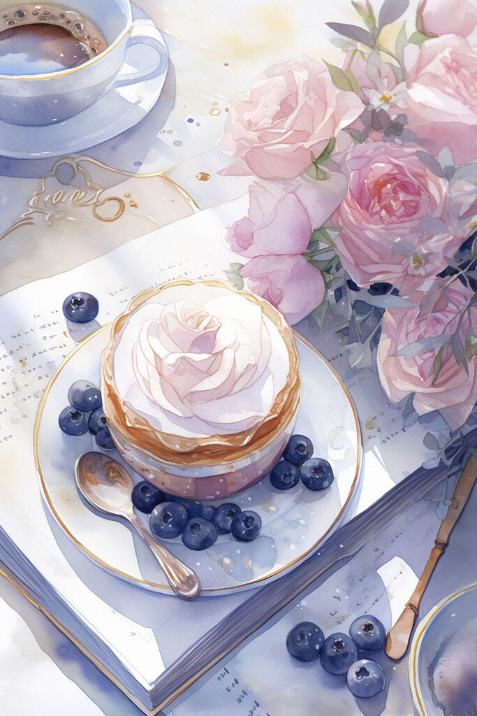 Watercolor painting of a dessert with a rose on top of a plate with blueberries and a spoon
