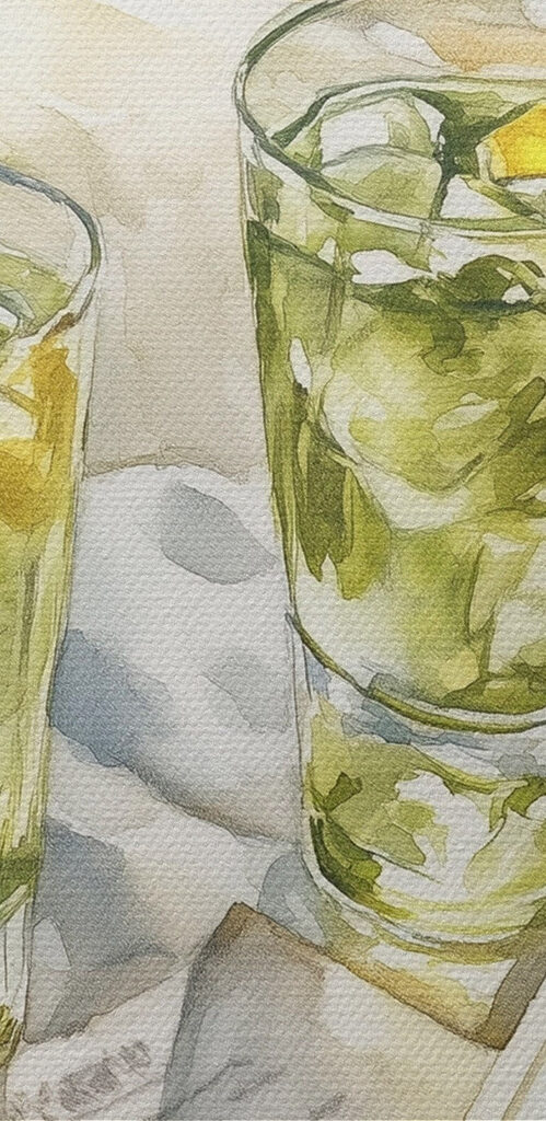 Watercolor painting of two glasses of ice tea and a book on a blanket on a beach