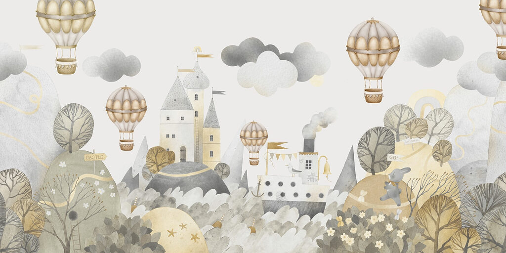 Akvarell festmény egy kastélyról és hőlégballonokról Akvarell festmény egy kastélyról és hőlégballonokról