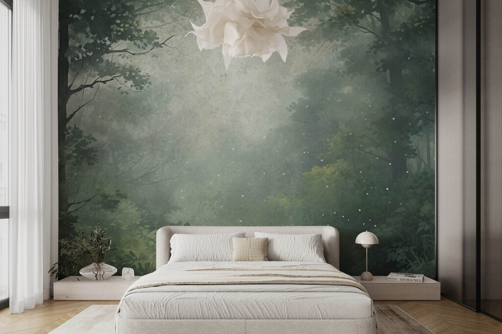 Foggy forest with trees and plants