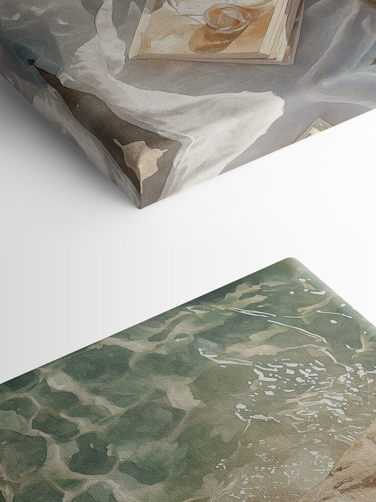 Picnic basket and glasses of wine on a rock by water