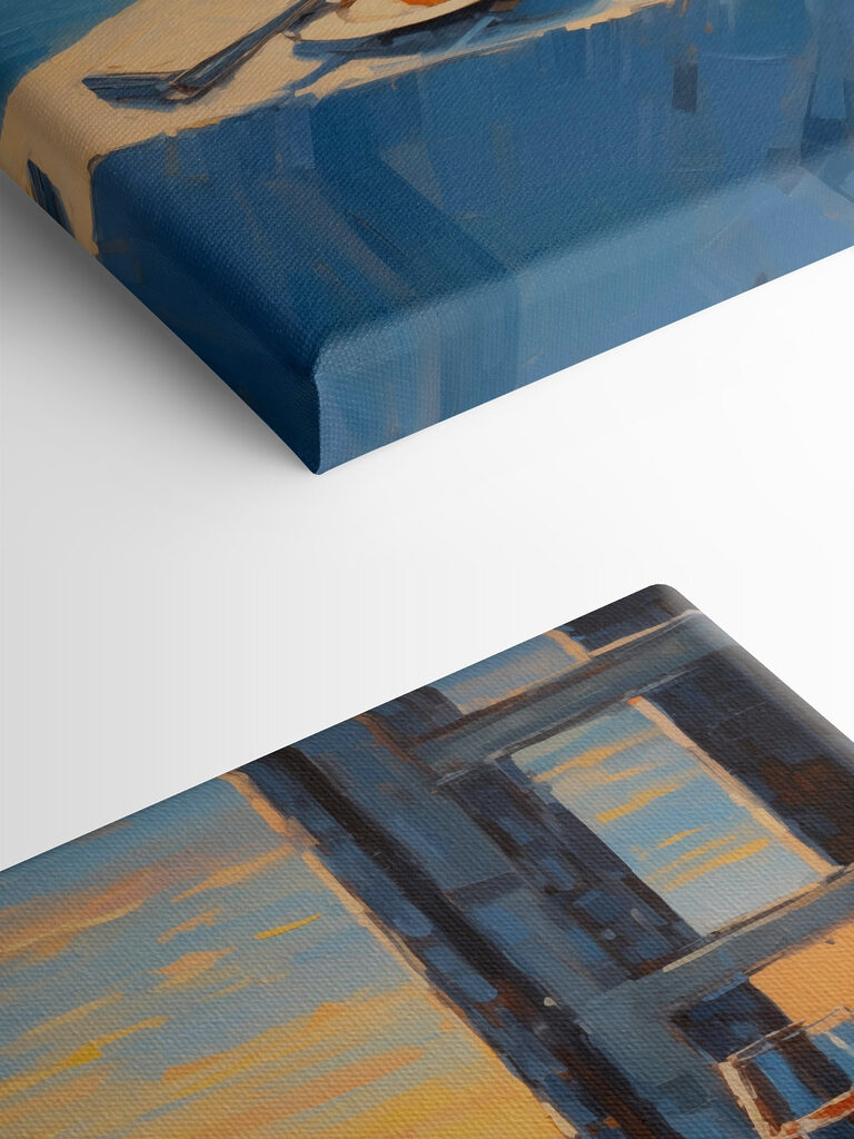 Painting of a basket of fruit on a table with a glass of wine