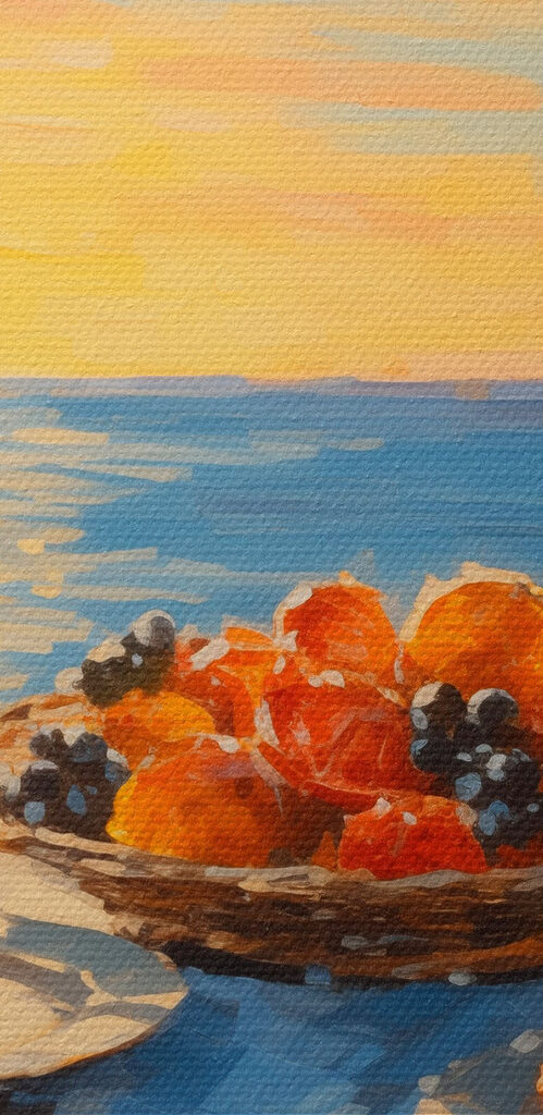 Painting of a basket of fruit on a table with a glass of wine