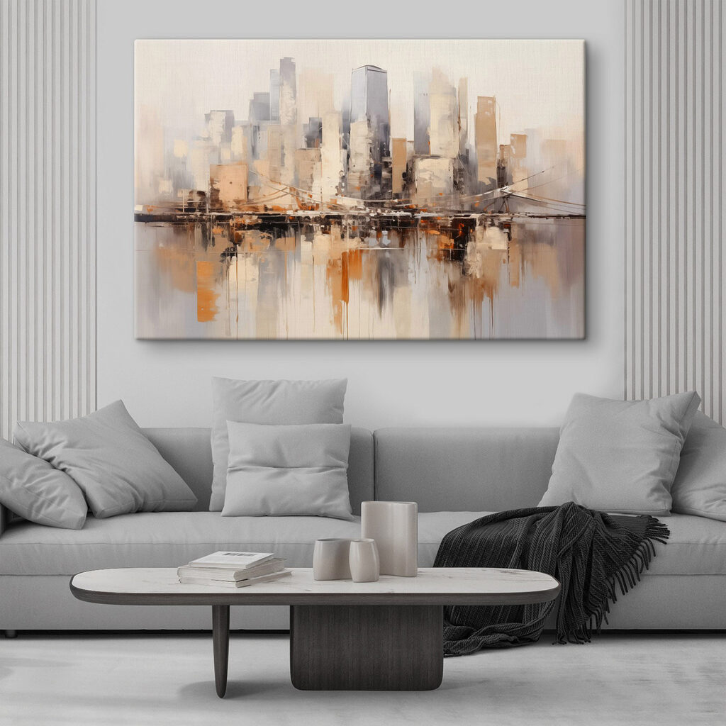 Painting of a city with a bridge over water