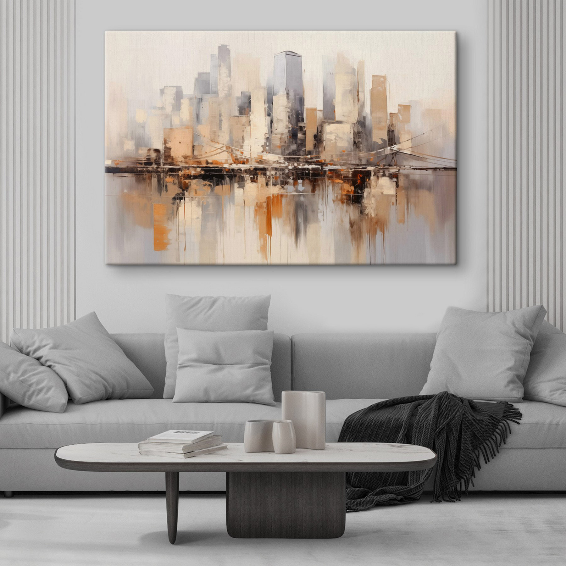 Painting of a city with a bridge over water
