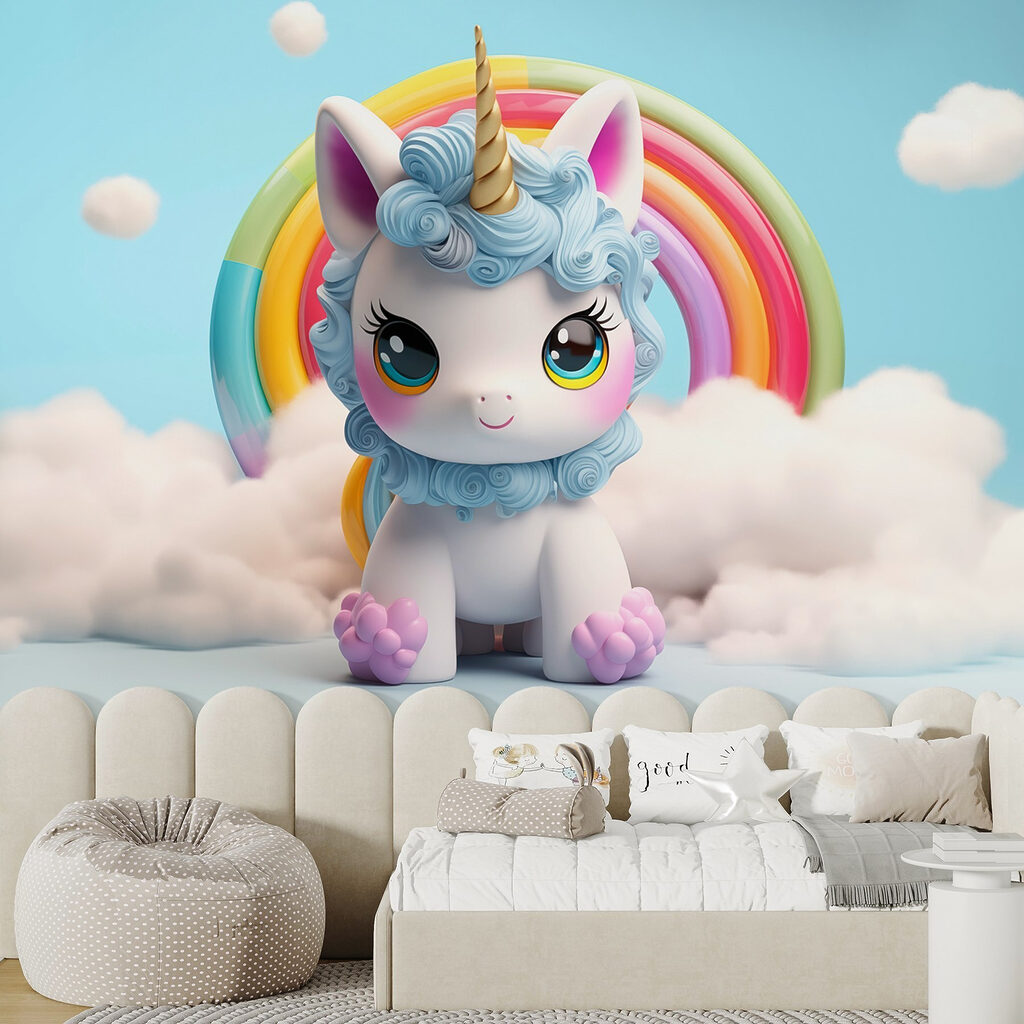 Toy unicorn with a rainbow in the background