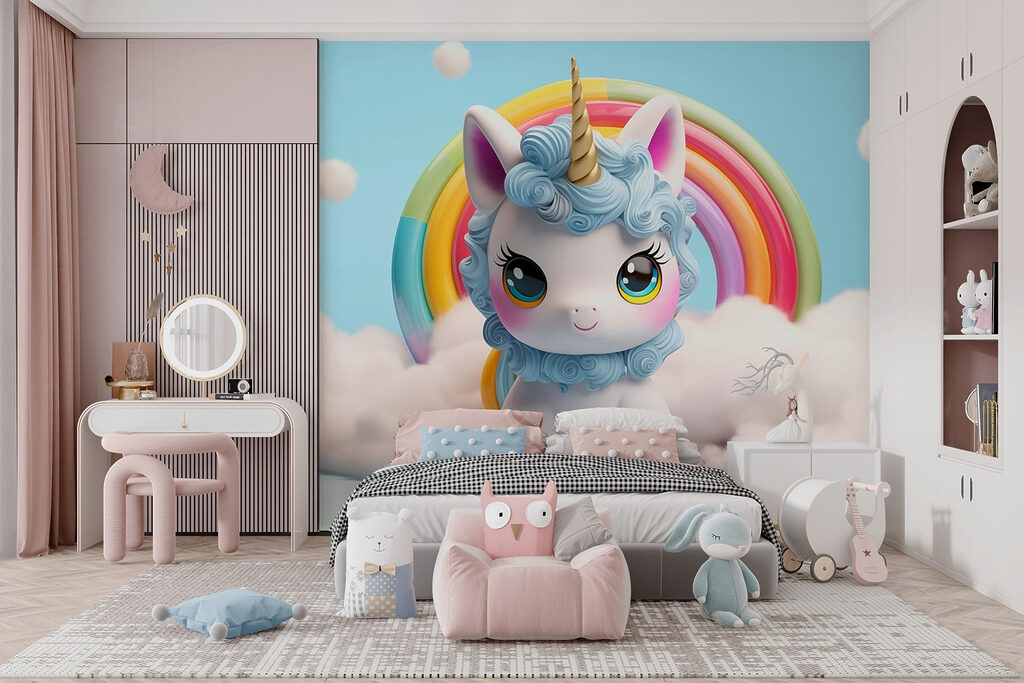 Toy unicorn with a rainbow in the background