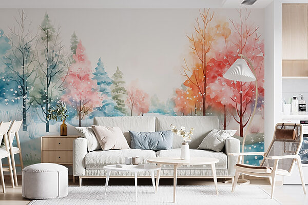 Akvarell festmény egy havas út fákkal Fotótapéta Akvarell festmény egy havas út fákkal