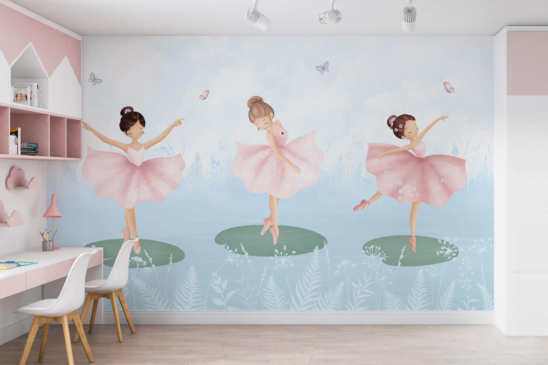 Group of girls in pink tutu dancing on lily pads