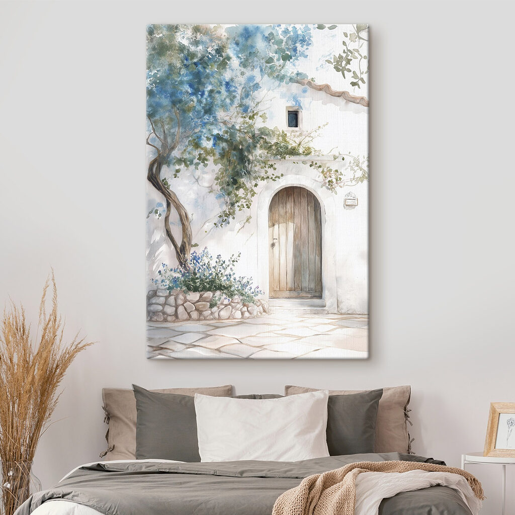 Painting of a door and a tree on a wall