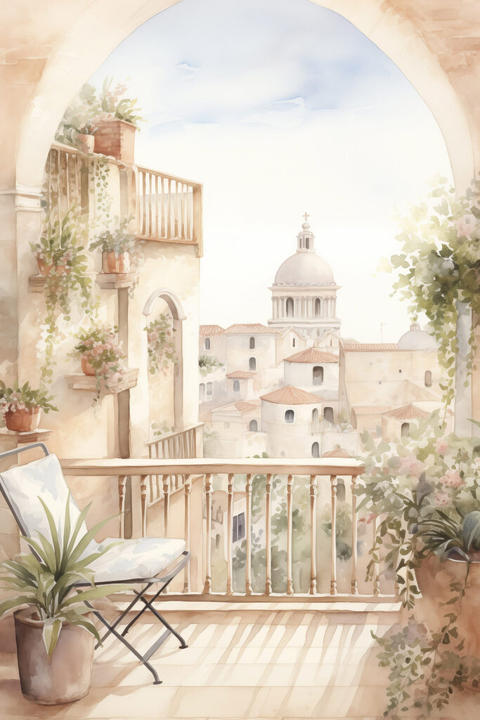 Watercolor painting of a balcony with a view of a city