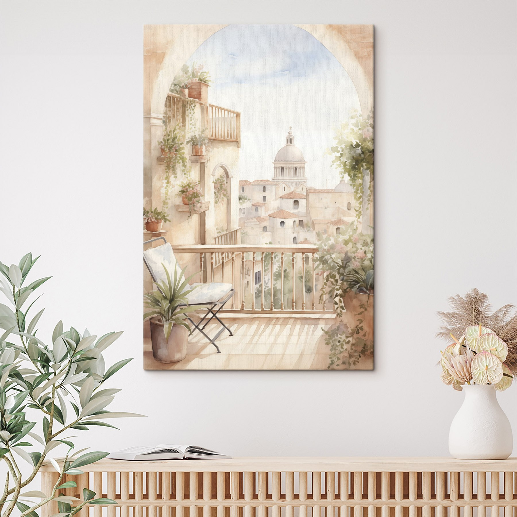 Watercolor painting of a balcony with a view of a city Watercolor painting of a balcony with a view of a city