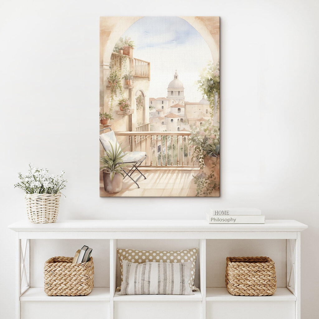 Watercolor painting of a balcony with a view of a city