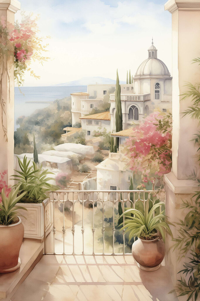 Watercolor painting of a balcony with a view of a town