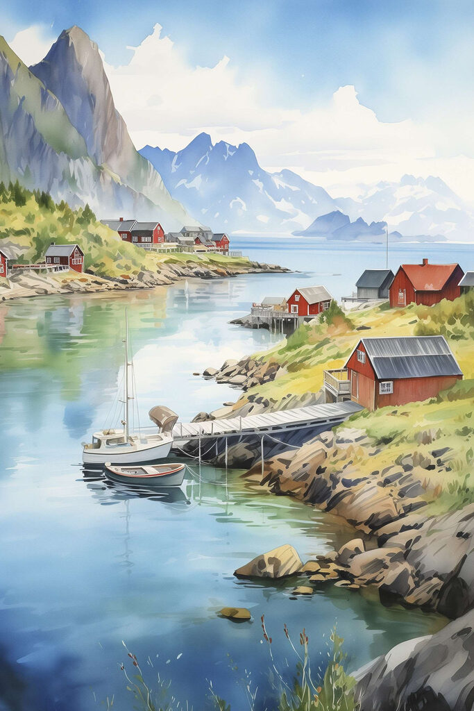 Watercolor of a river with a boat and houses on it