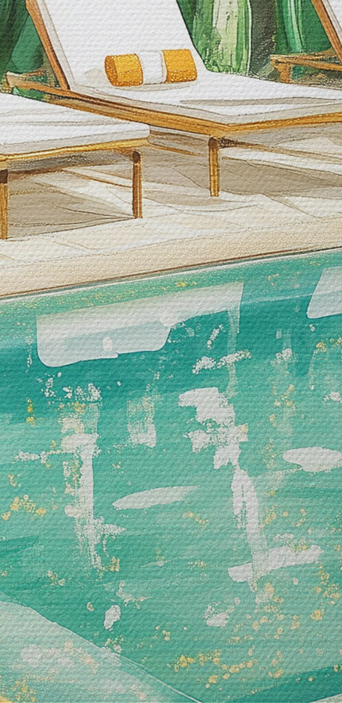 Pool with lounge chairs and surfboards