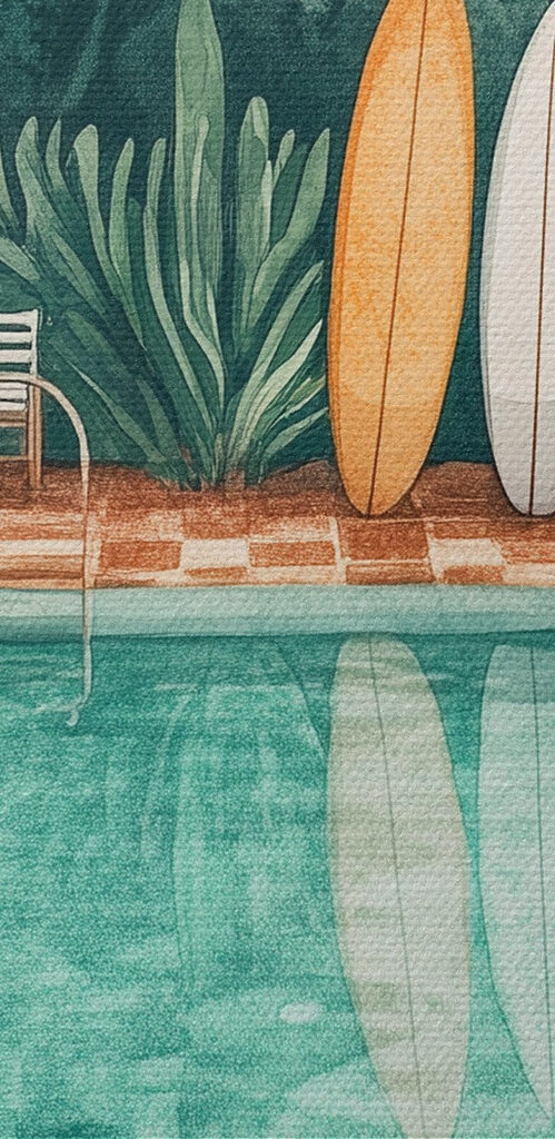 Pool with chairs and surfboards in the middle