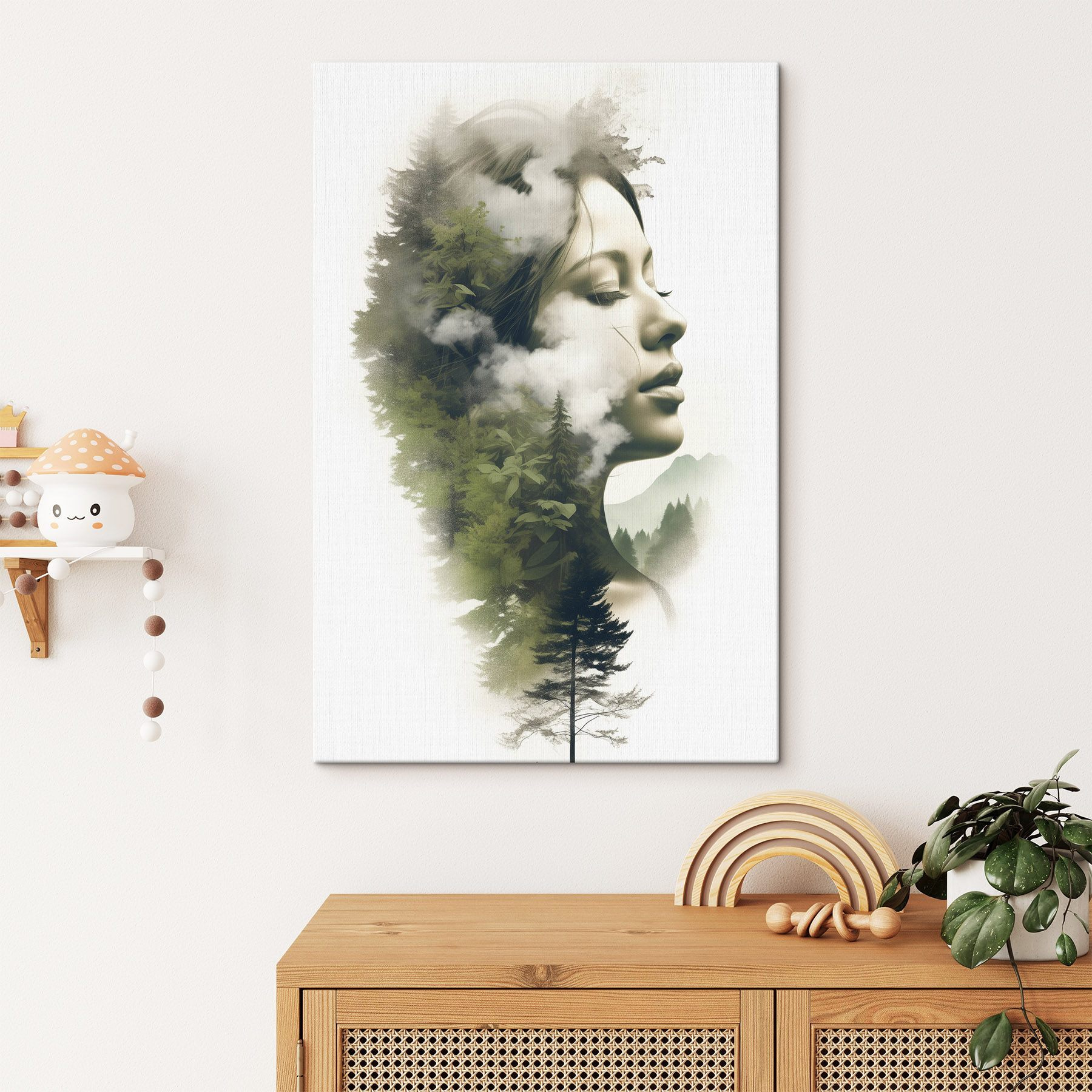 Woman's face with clouds and trees