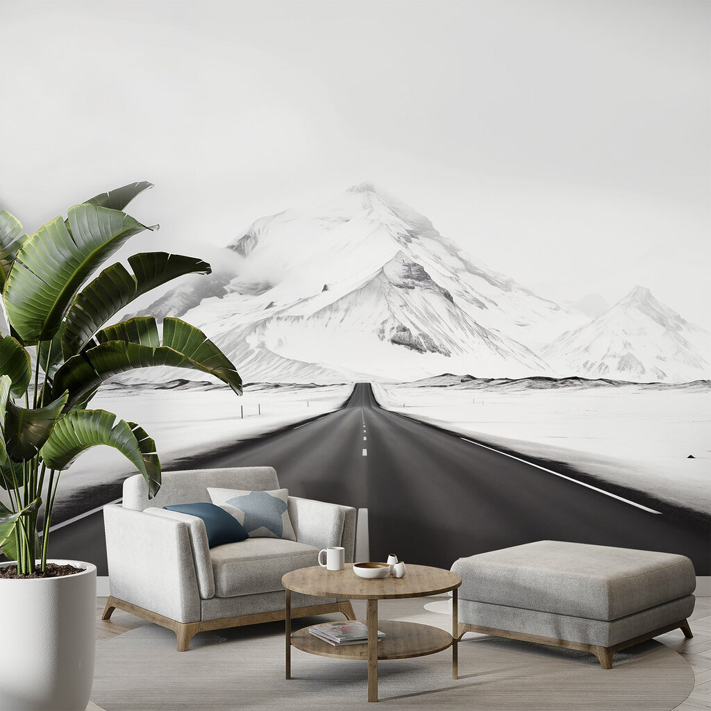 Road leading to a snowy mountain