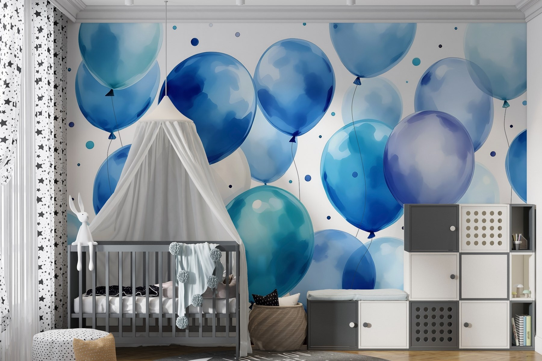 Group of blue and white balloons