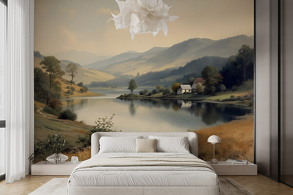 Fotótapéta Tó házzal és fákkal