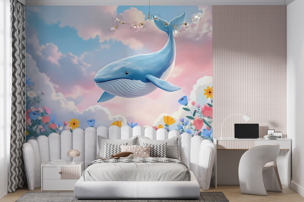 Whale flying over flowers