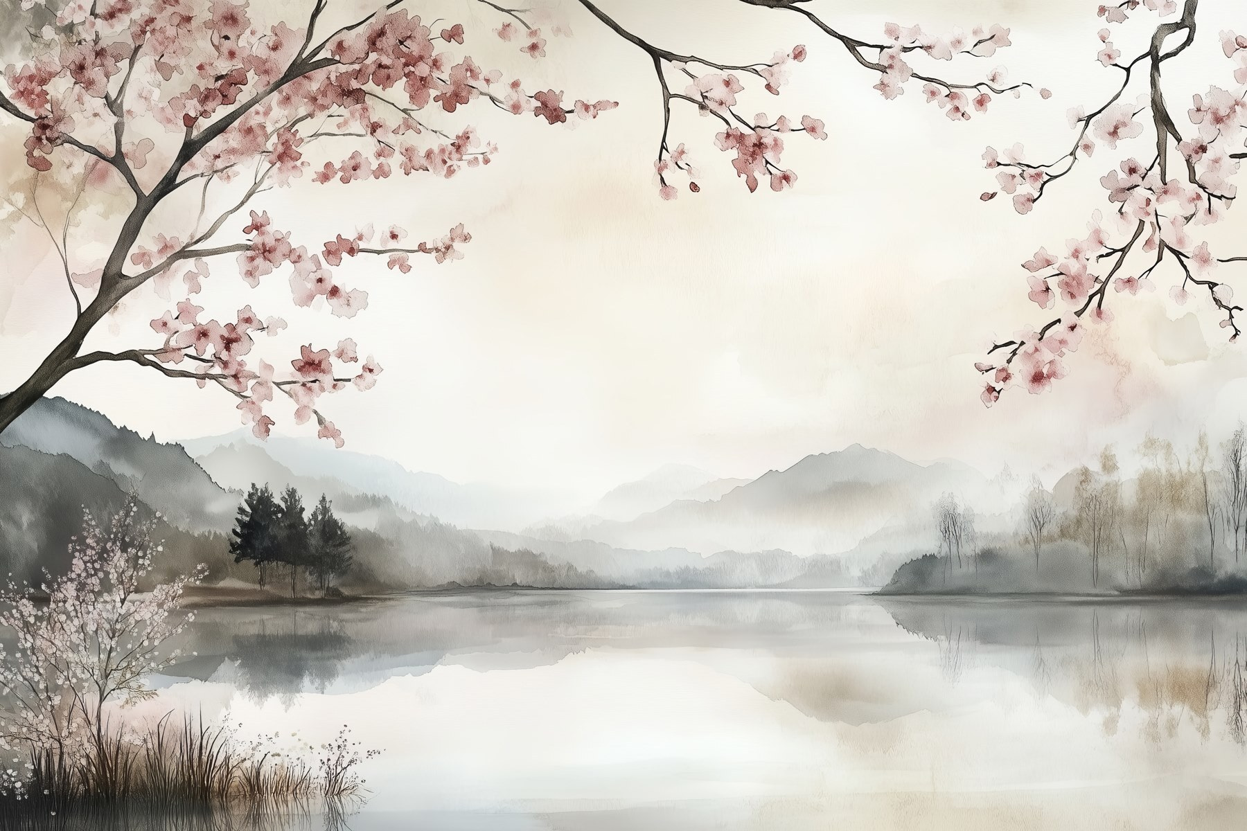 Watercolor painting of a lake with trees and mountains